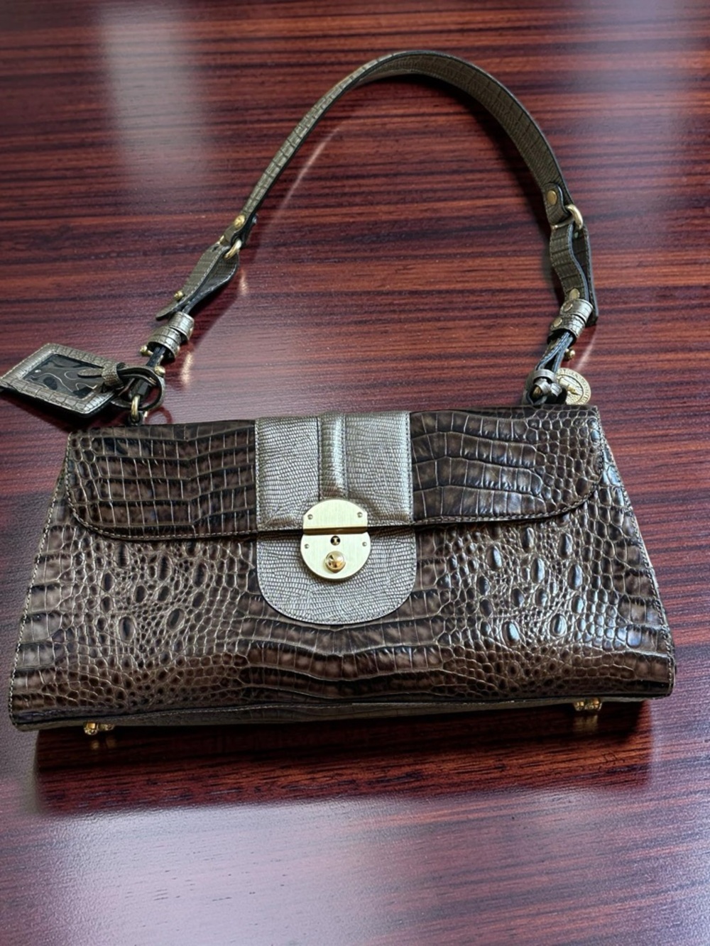 Brahmin Embossed Mariam Cooper Leather Gold-toned Clasp Brown Shoulder Bag